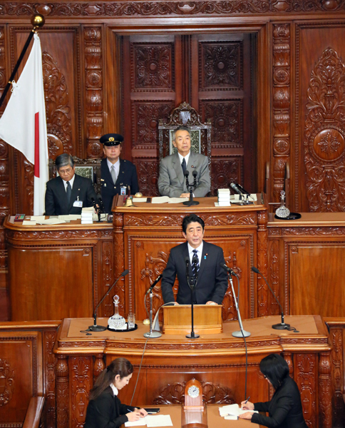 安倍总理在众议院及参议院全体会议上发表了所信表明演说。