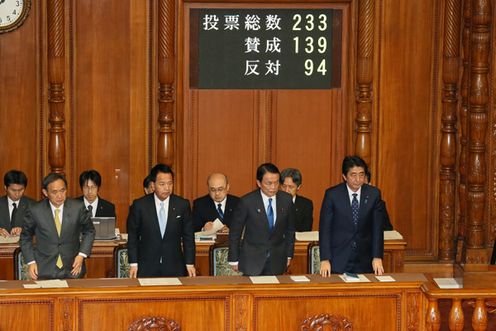 安倍总理在内阁大臣全体出席的情况下，出席了参议院预算委员会以及参议院全体会议。