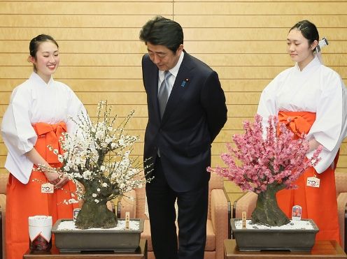 安倍总理在总理大臣官邸接受了太宰府天满宫“梅花使节”的拜访。