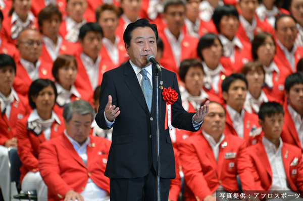 野田总理出席了在国立代代木体育场第一体育馆举行的奥林匹克运动会（2012/伦敦）日本体育代表团壮行会。