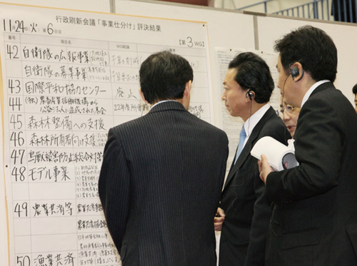 「事業仕分け」結果についての説明を受ける鳩山総理の写真