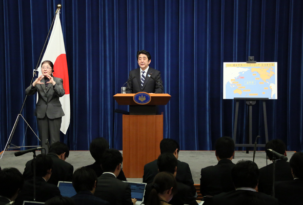 安倍总理就决定参加TPP谈判，在总理大臣官邸举行了记者招待会。