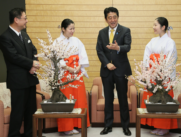 安倍总理在总理大臣官邸接受了太宰府天满宫“梅花使者”的拜会。