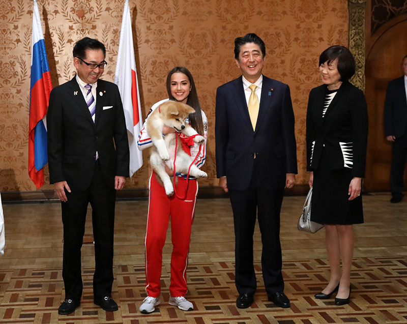 安倍总理出席向扎吉托娃选手赠送秋田犬仪式