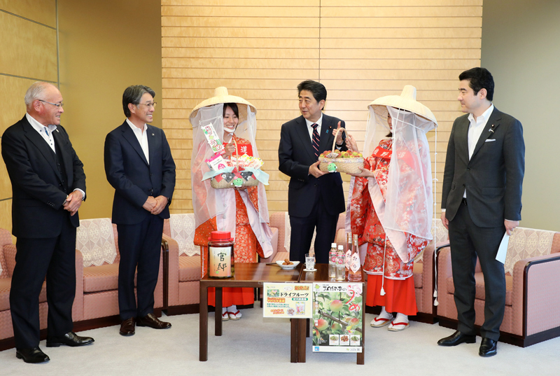 安倍总理在总理大臣官邸接受了和歌山县田边市市长真砂充敏及纪州梅之会“梅娘”等的拜访。