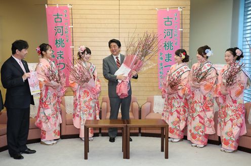 安倍总理接受了古河桃姑娘等的拜访。